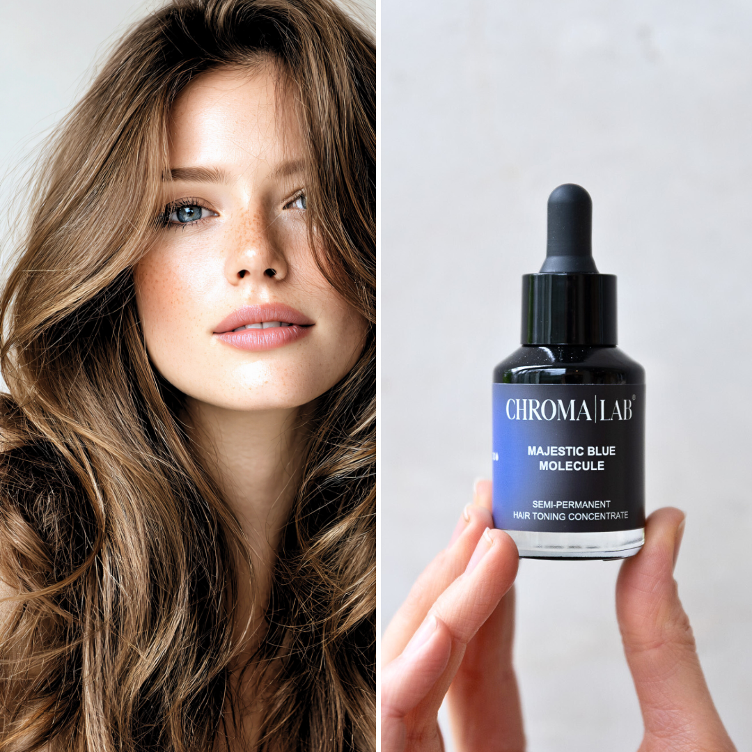 Woman with styled hair next to a bottle of Chroma Lab hair product.