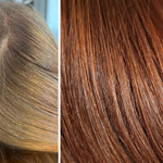 Side-by-side comparison of blonde and brown hair strands.