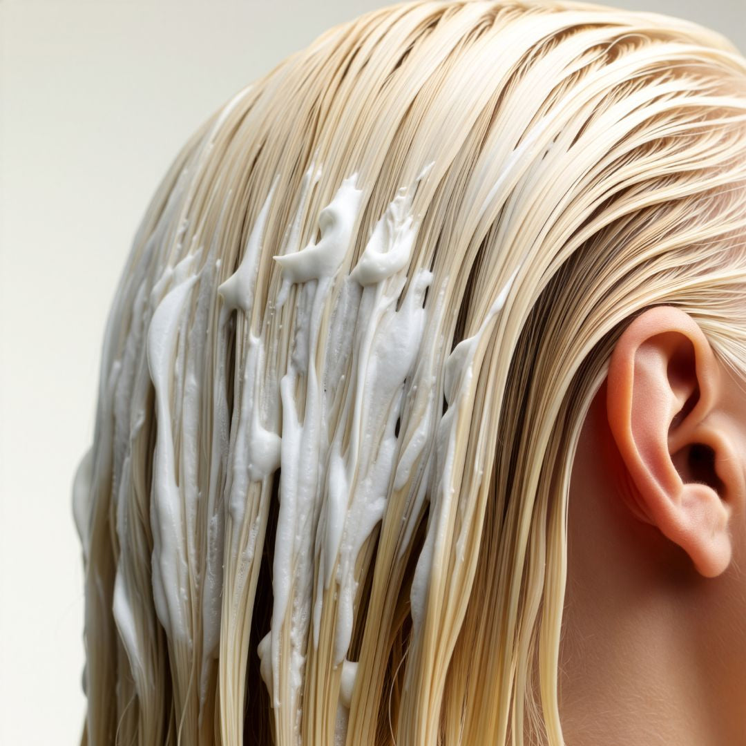 Blonde hair with white shampoo or conditioner on a neutral background