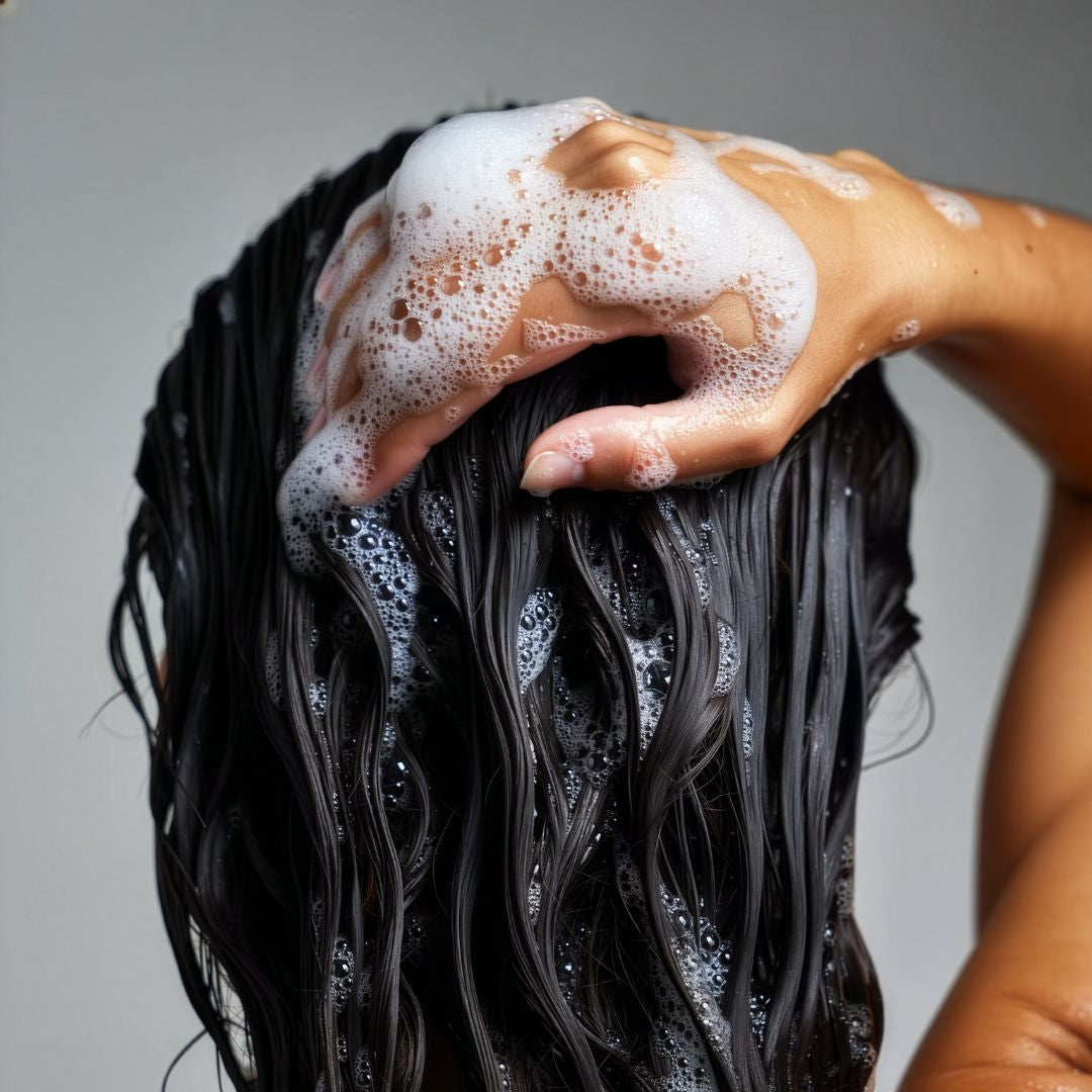 Person washing their hair with soapy hands against a neutral background