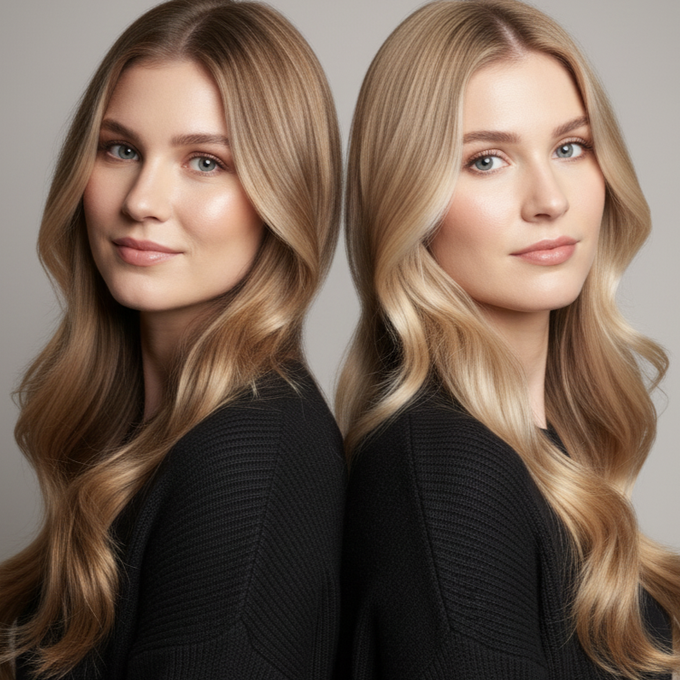 Two side-by-side images of a woman with blonde hair against a neutral background