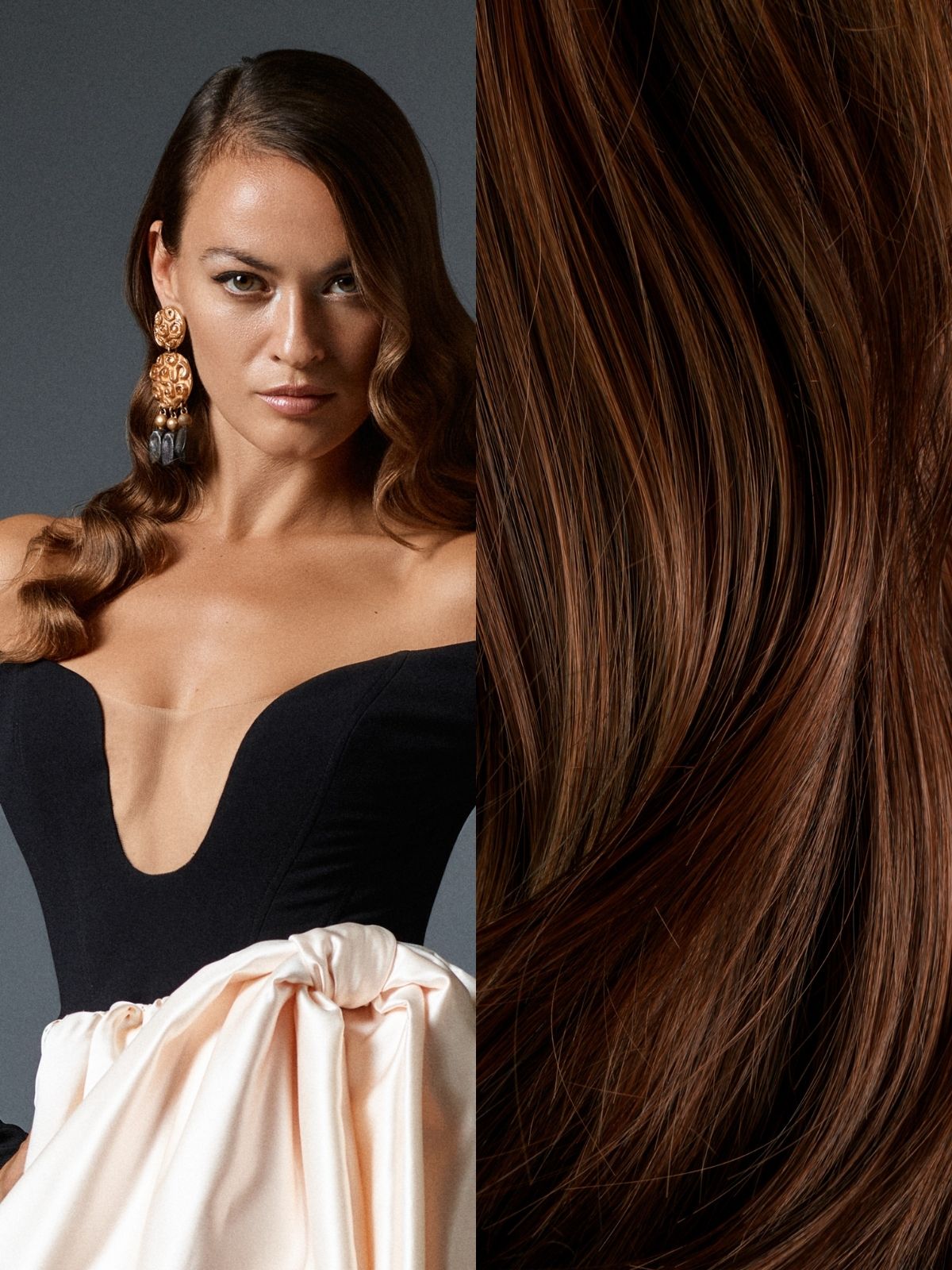 Woman with brown hair in dress.